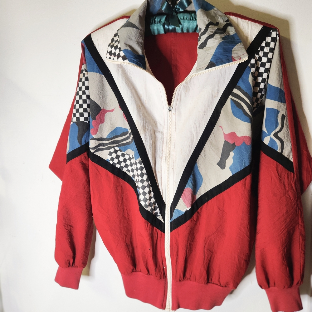 80's/90's Vintage Red and Multicolor Windbreaker Jacket by Teddi Sport